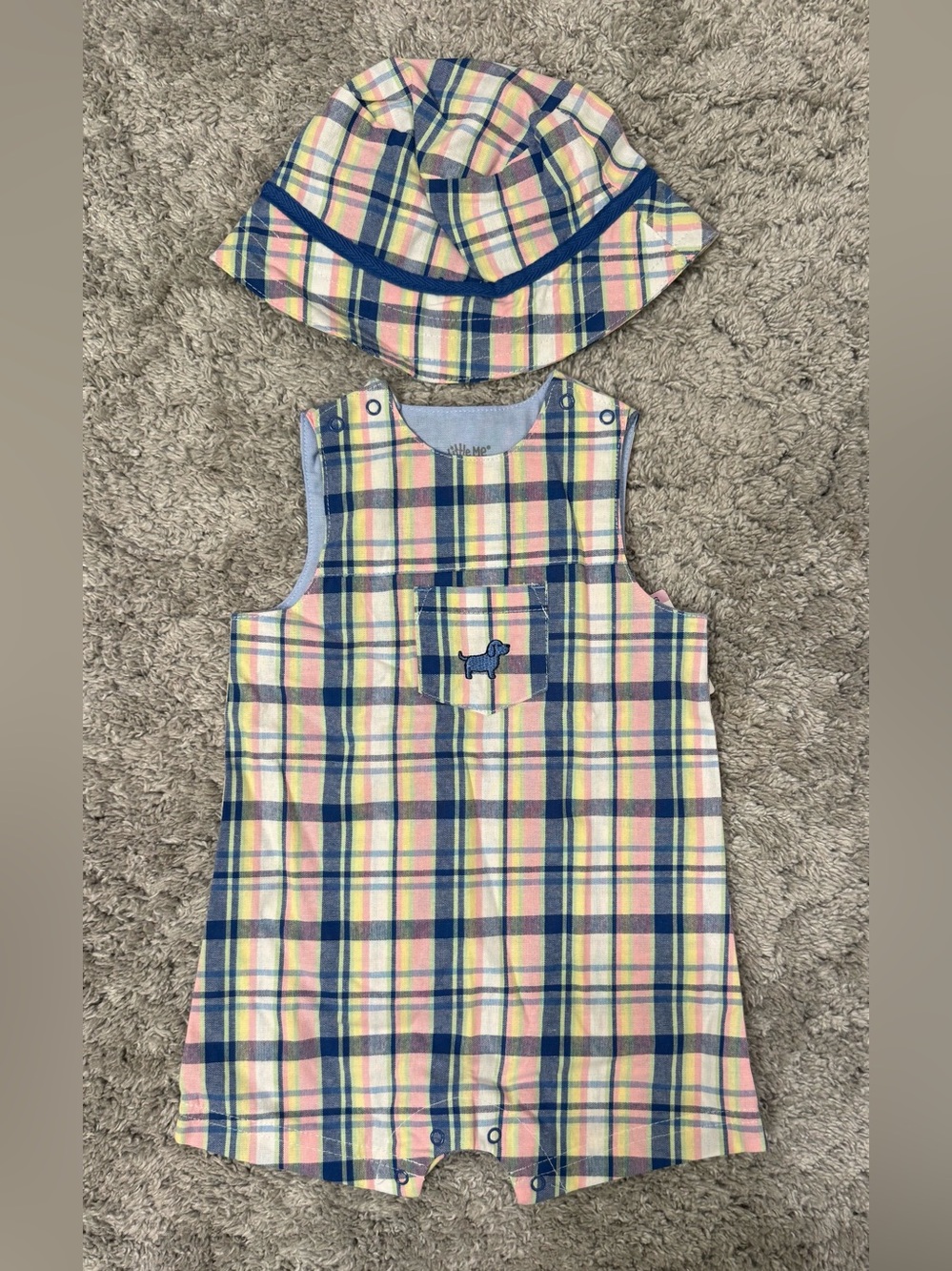 Little Me NWT Plaid Overall and Bucket Hat Set Embroidered Dog 9 Months